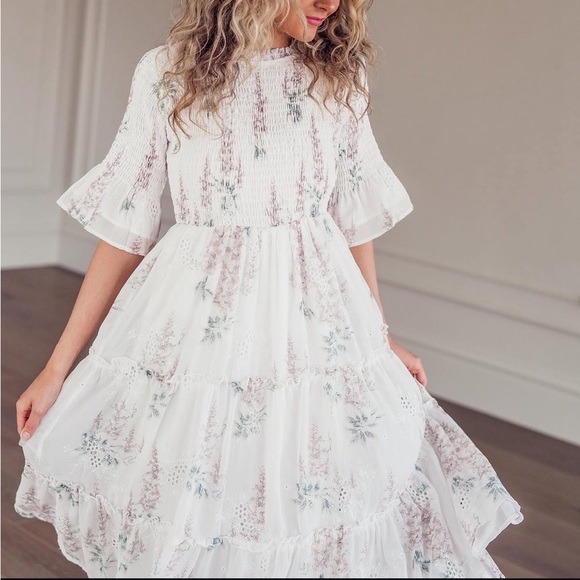JessaKae Dresses & Skirts - JessaKae White Floral Smocked Eyelet Midi Dress